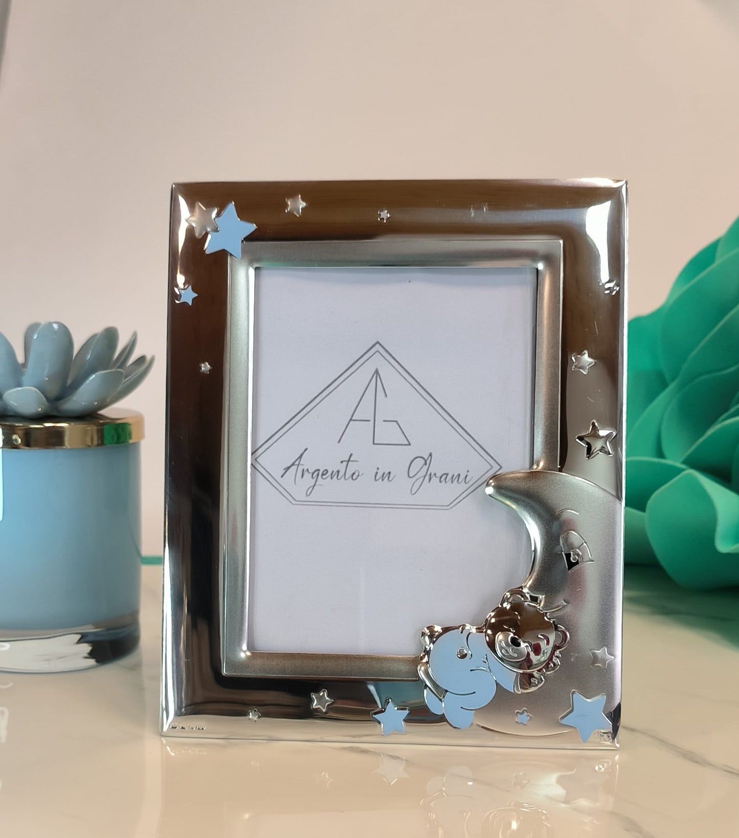 Cornice portafoto in Argento bimbo Orsetto sulla luna e stelle cm 9x13.