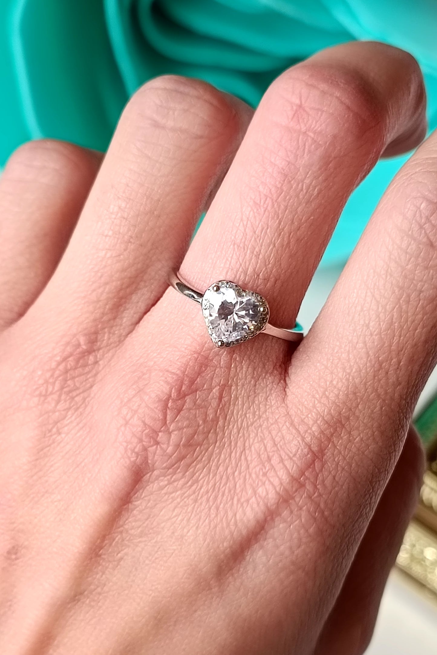 Lady D Kristall Herzring in 925er Silber und Zirkonia verstellbar