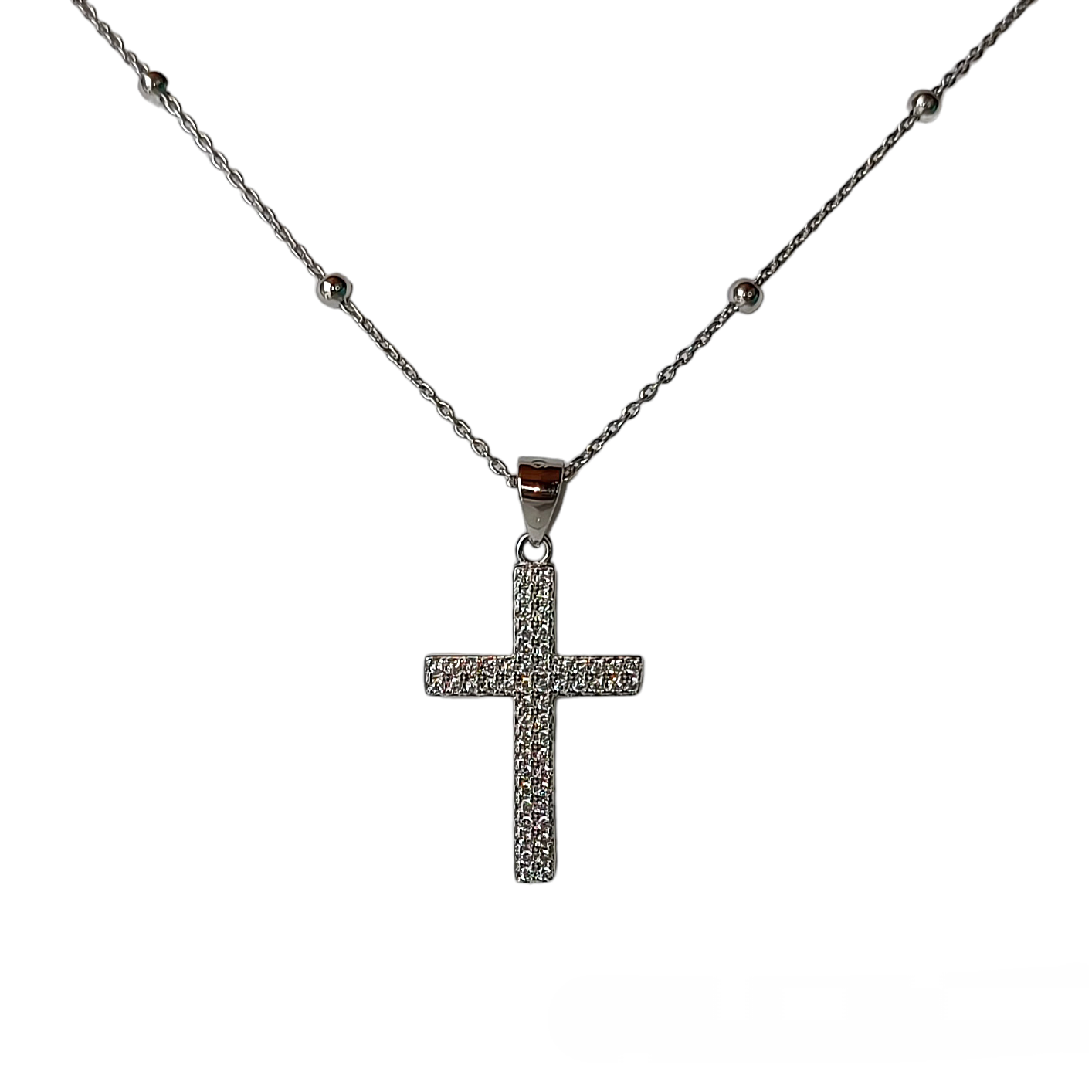 Collana in grani con croce in argento 925 lavorazione pavé