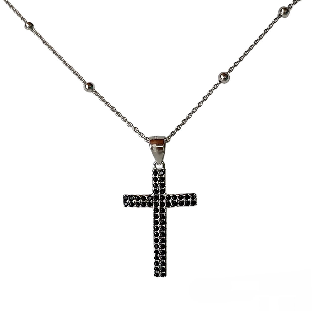 Collana in grani con croce in argento 925 e zirconi neri