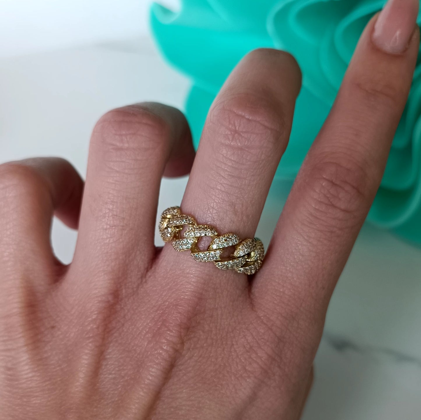 Anello " Incatenati" catena grumetta in argento 925 placcato oro e zirconi