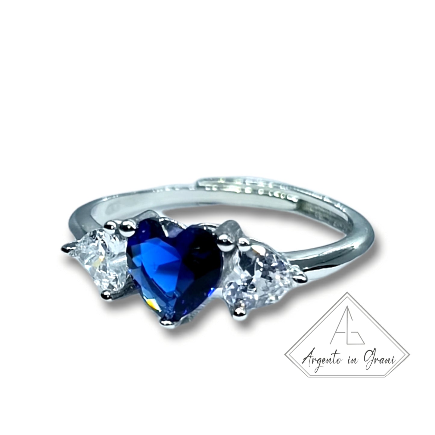 Anello Trilogy Cuore zaffiro blu in argento 925 e zirconi Regolabile