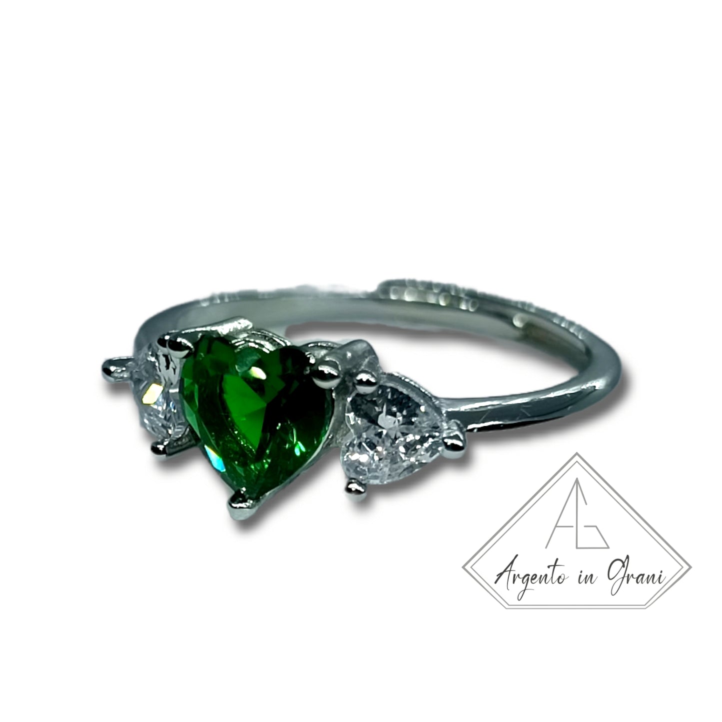 Anello Trilogy Cuore smeraldo in argento 925 e zirconi Regolabile