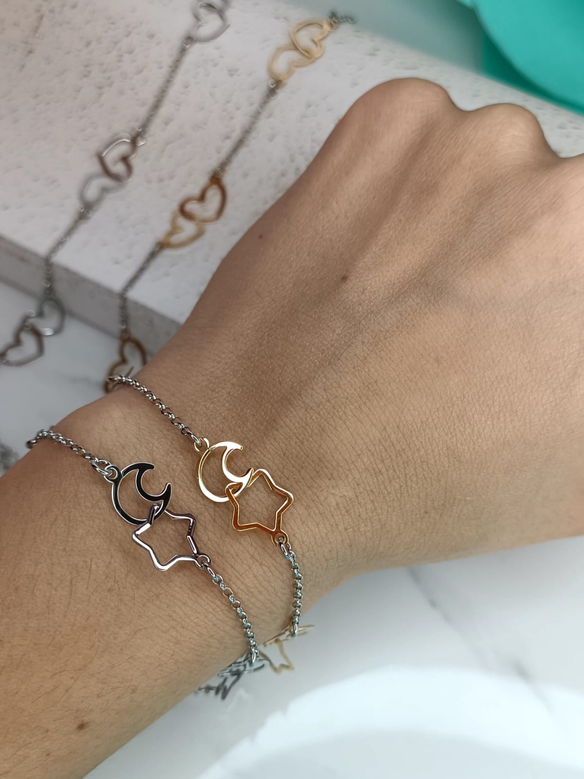 Bracciale amore stelle luna e desideri in argento 925 e placcato oro.