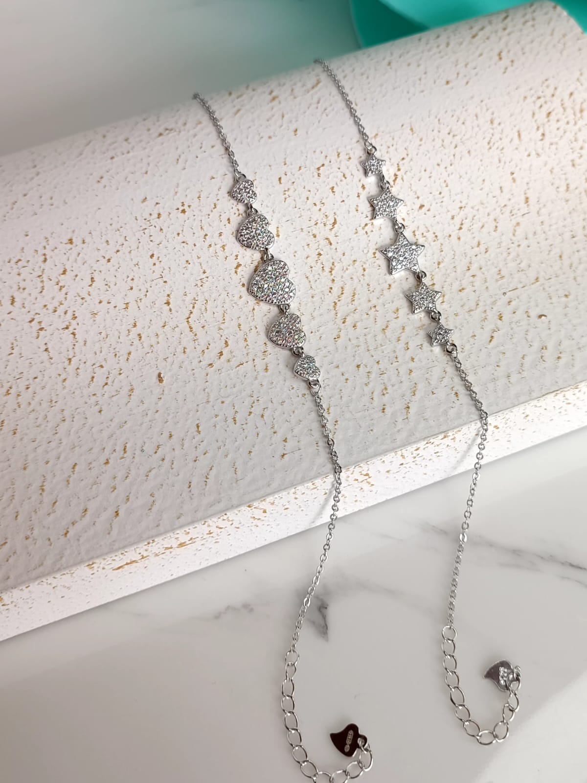 Bracciale elegance Stelle e Cuori in argento 925 e zirconi extra withe lavorazione pavè.