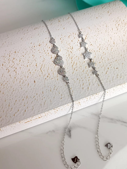 Bracciale elegance Stelle e Cuori in argento 925 e zirconi extra withe lavorazione pavè.