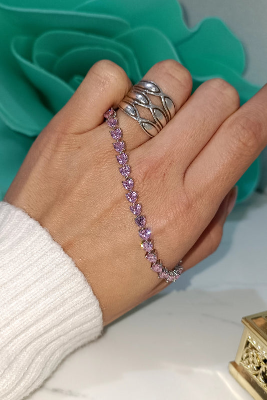 Bracciale tennis cuore rosa in argento 925 chiusura baionetta .