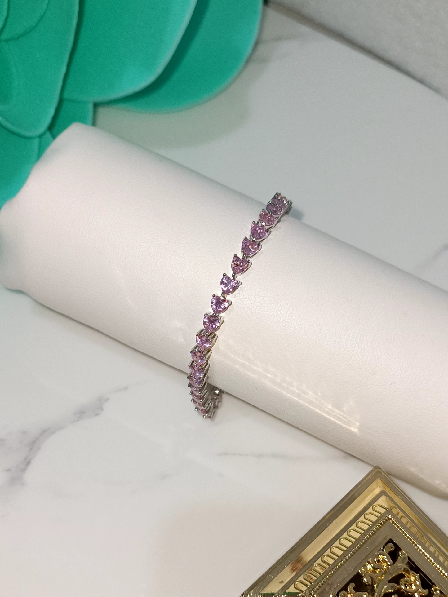 Bracciale tennis cuore rosa in argento 925 chiusura baionetta .