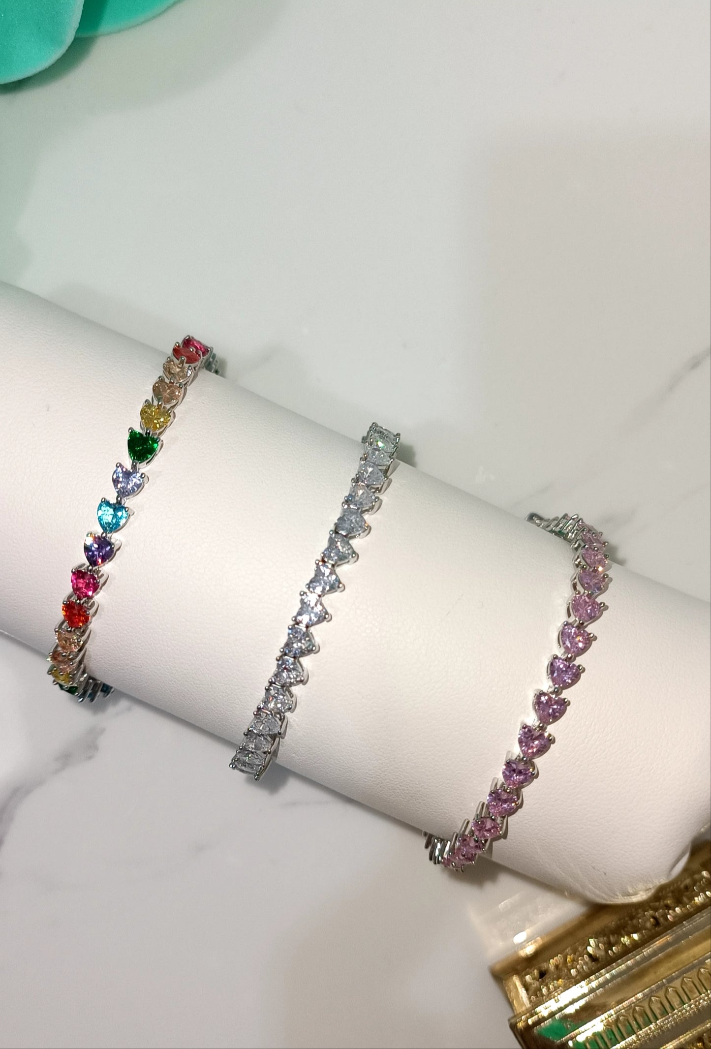 Bracciale tennis cuore rosa in argento 925 chiusura baionetta .