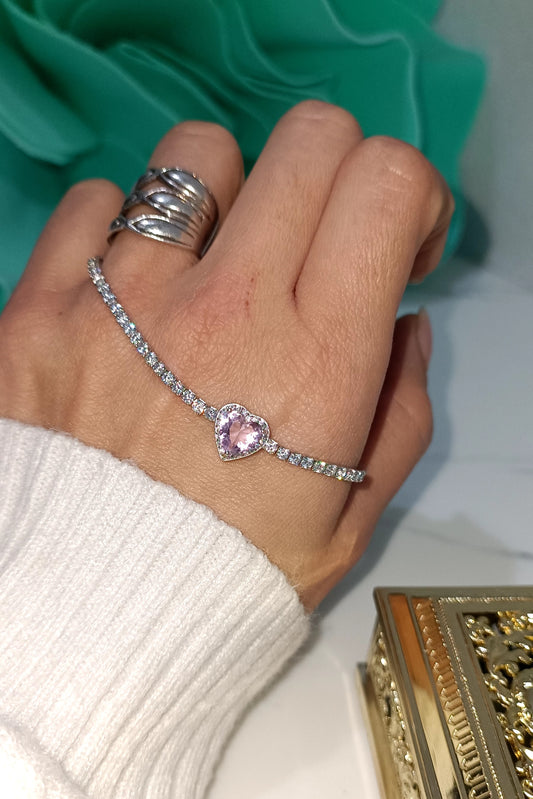 Bracciale tennis con cuore rosa in argento 925 e zirconi extra White taglio diamante e chiusura regolabile