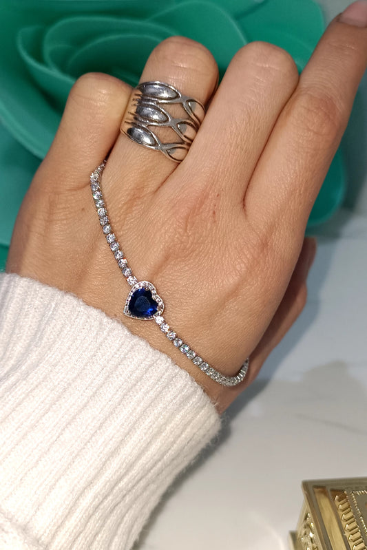 Bracciale tennis con cuore zaffiro blu in argento 925 e zirconi extra White taglio diamante con chiusura regolabile